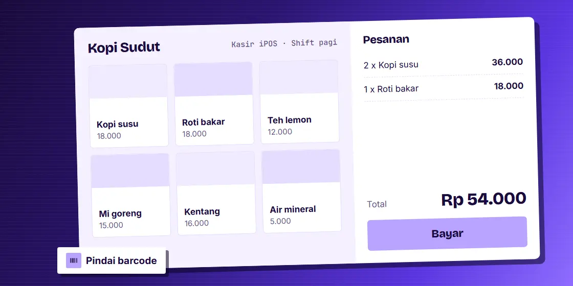 Ilustrasi Kasir iPOS Kopi Sudut berisi daftar produk dan total pesanan