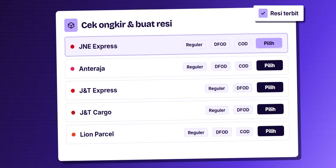 Ilustrasi daftar lima ekspedisi dengan pilihan Reguler, DFOD, dan COD