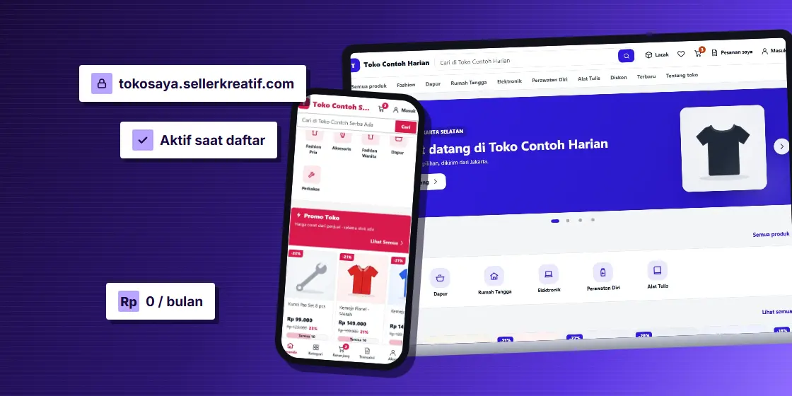 Ilustrasi toko online di laptop dan ponsel dengan alamat tokosaya.sellerkreatif.com